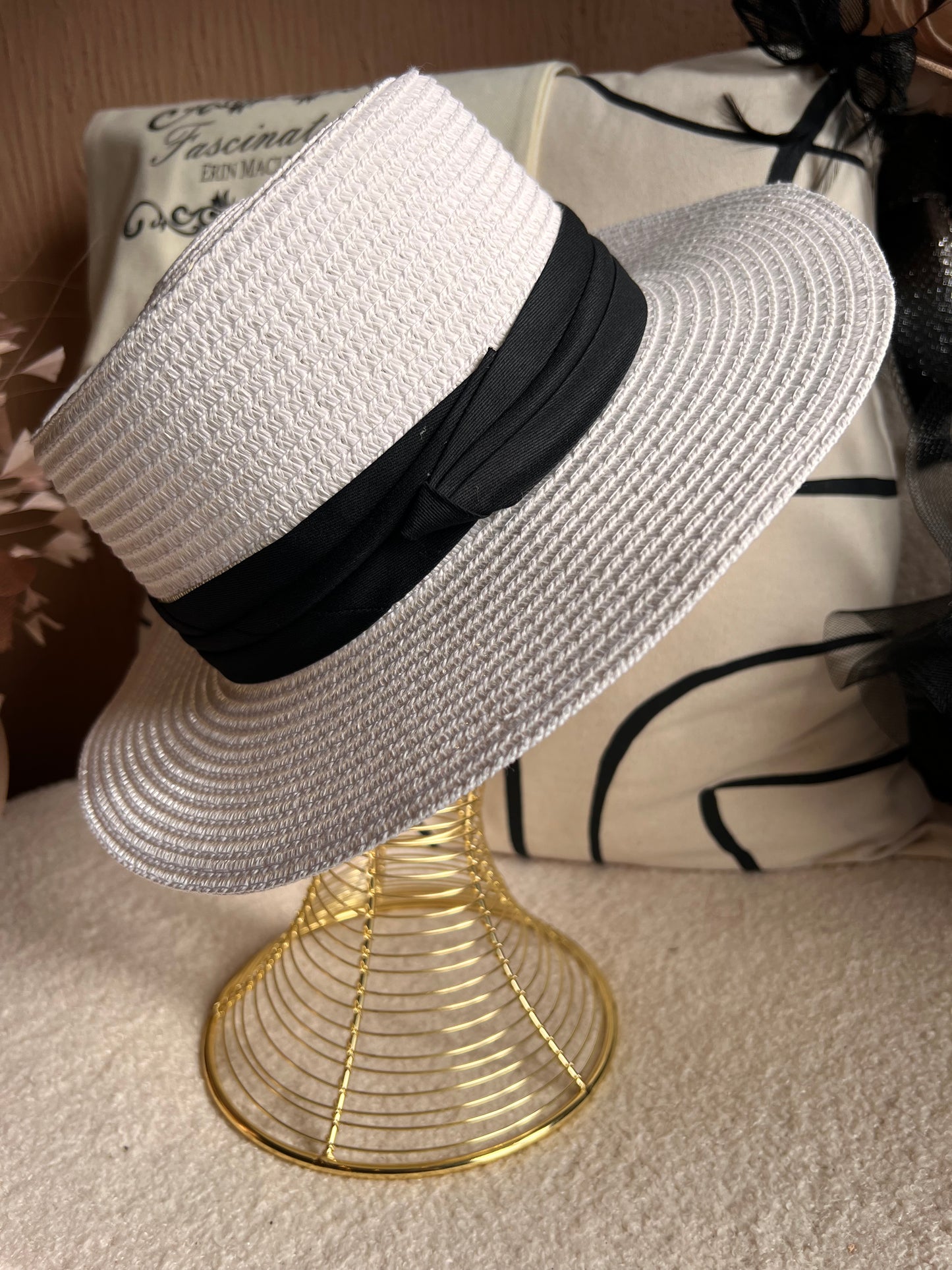 Black and white boater hat