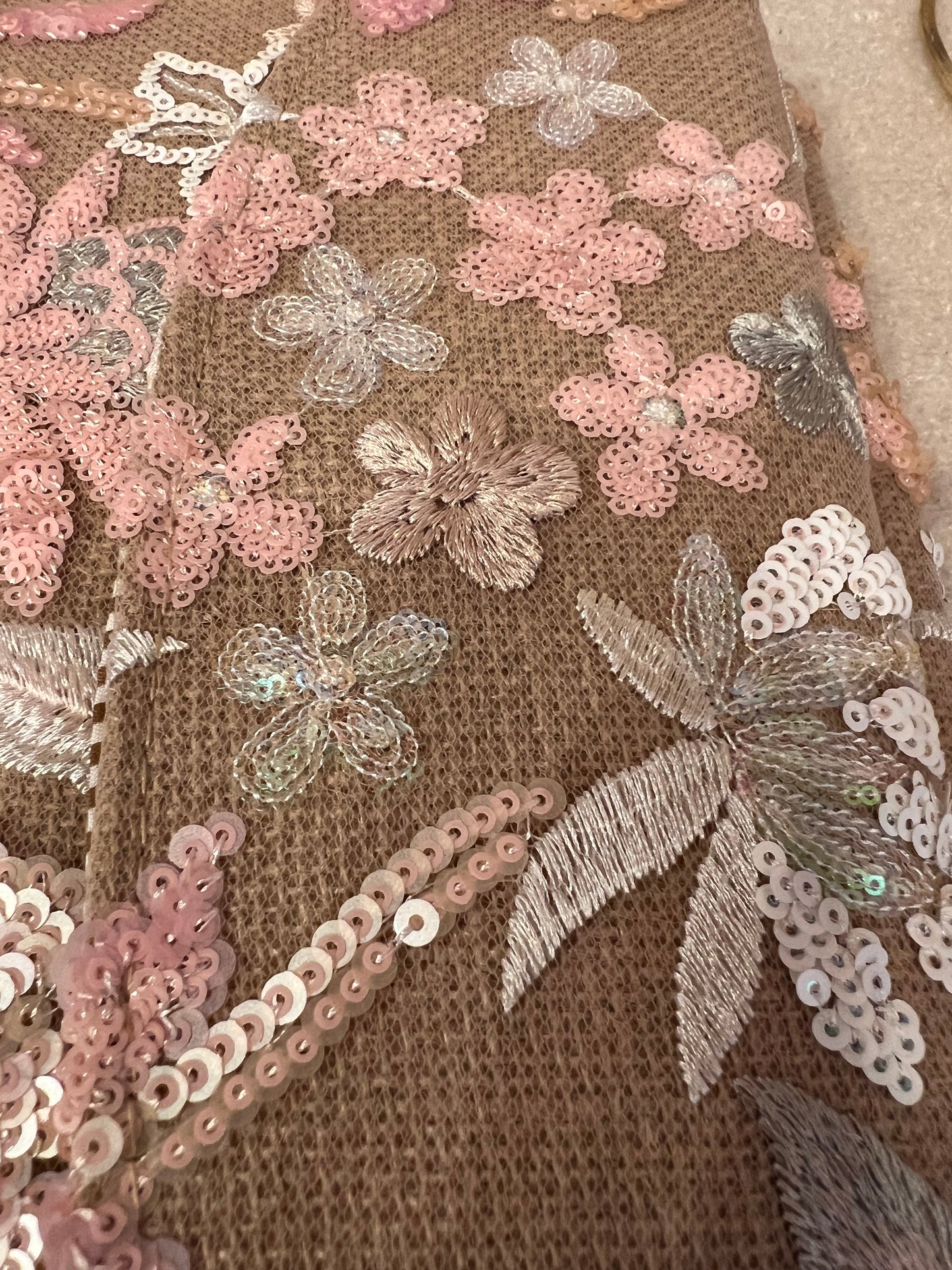 Pink floral print sequin clutch