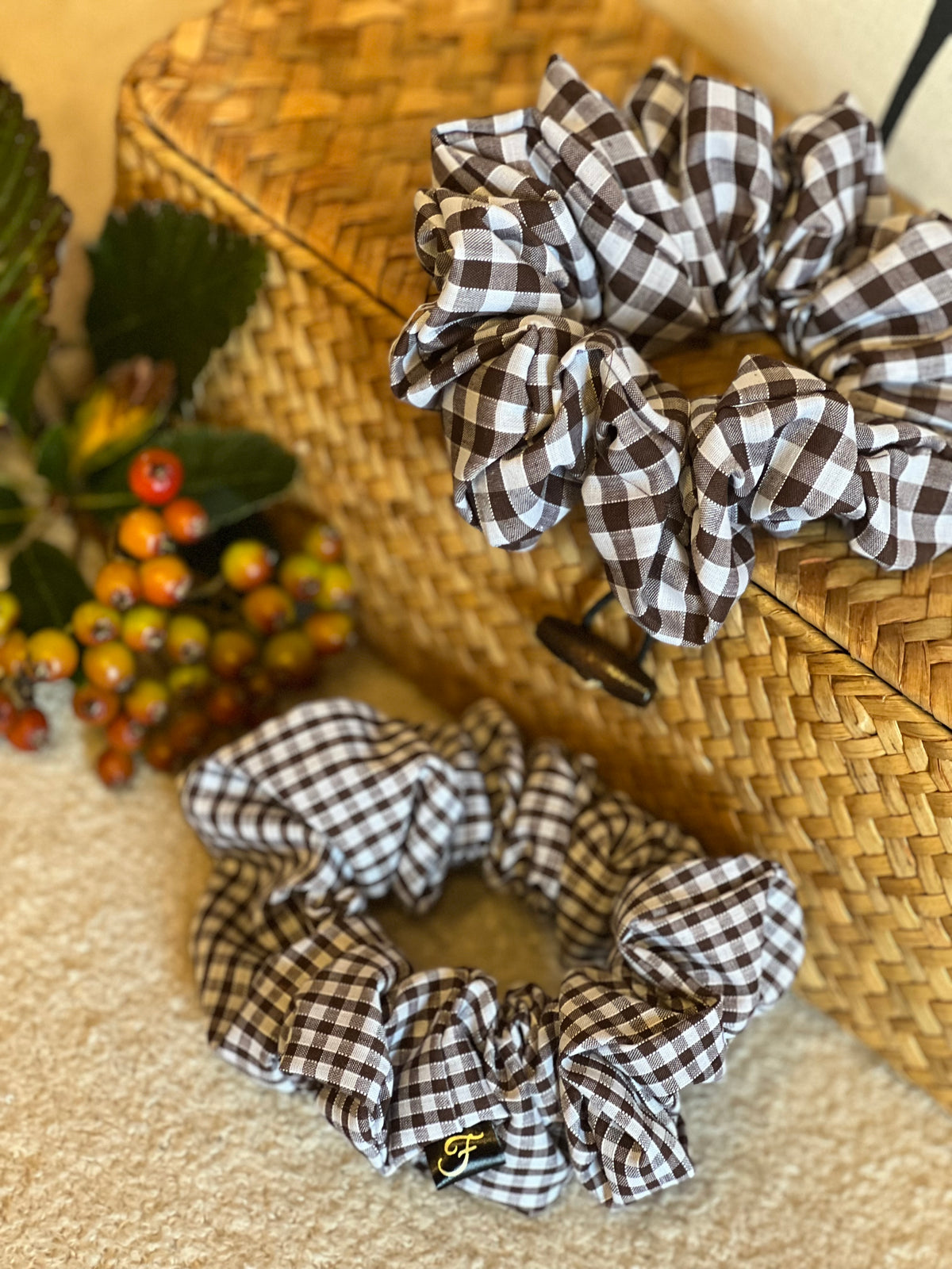 Brown gingham scrunchie