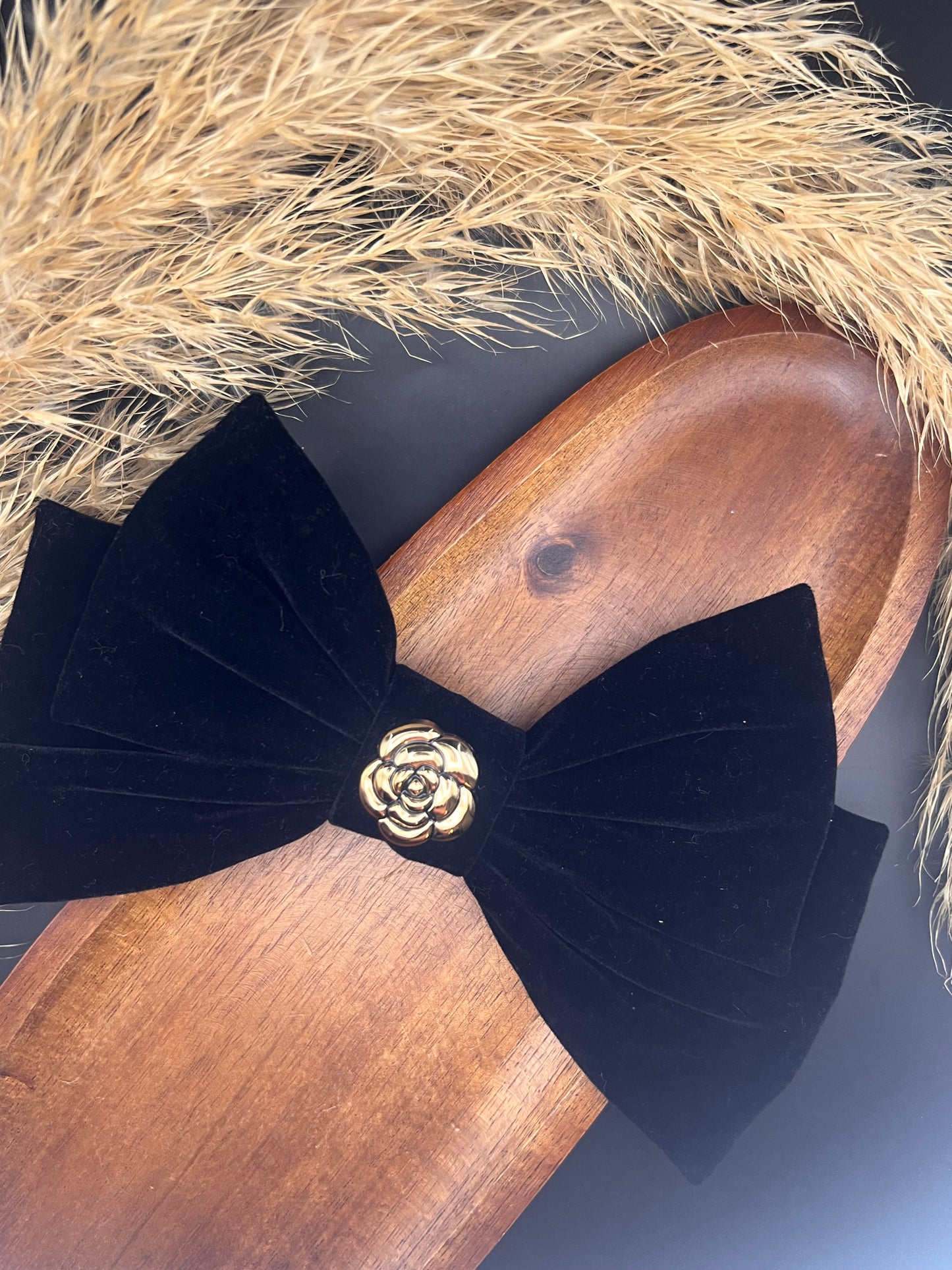 Bow Black Velvet with designer inspired rose detail