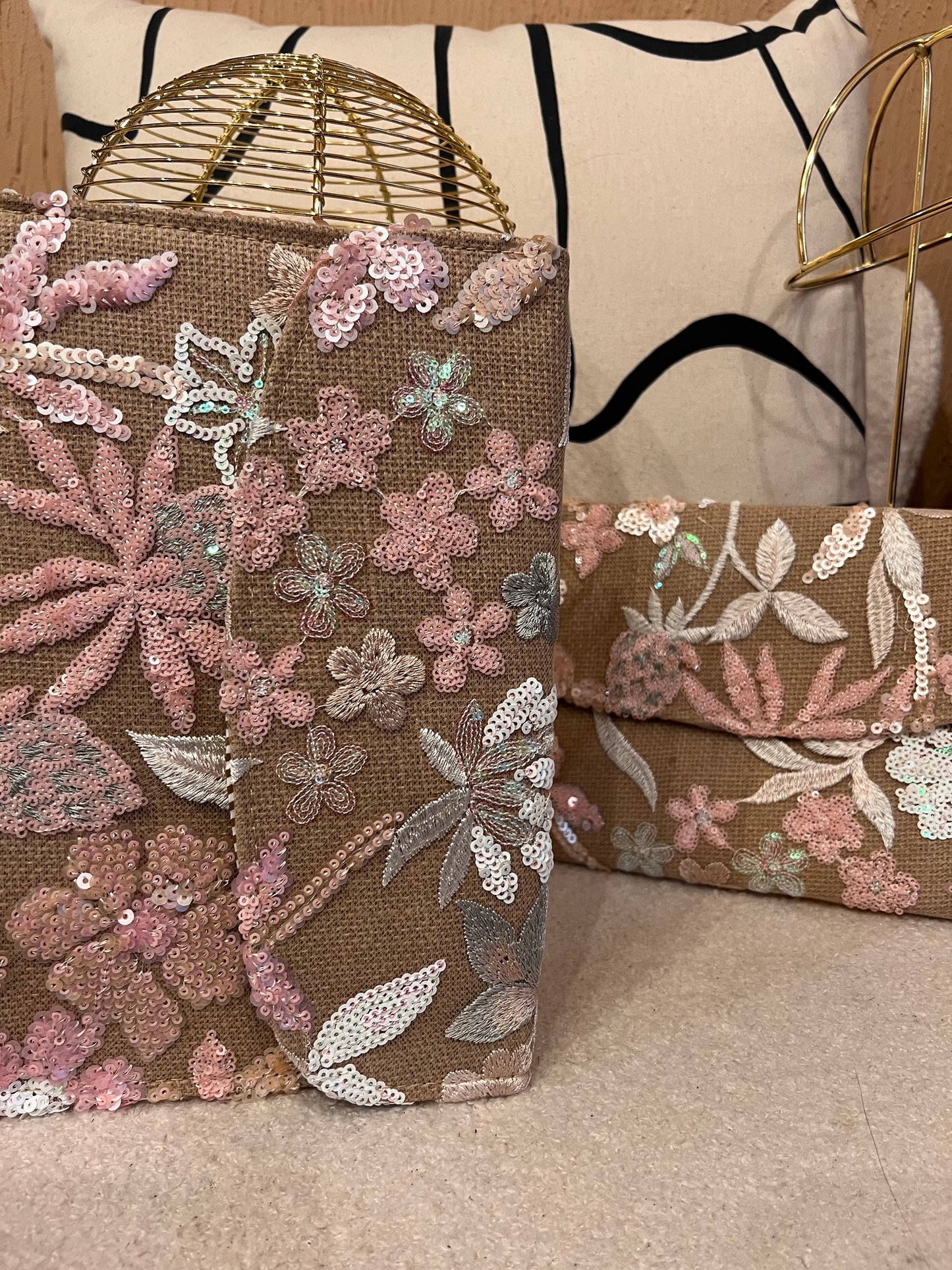 Pink floral print sequin clutch