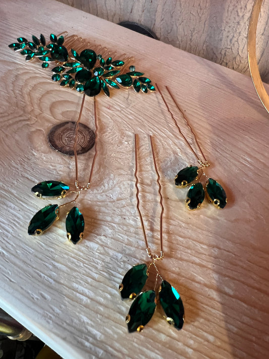 Emerald crystal hair pins