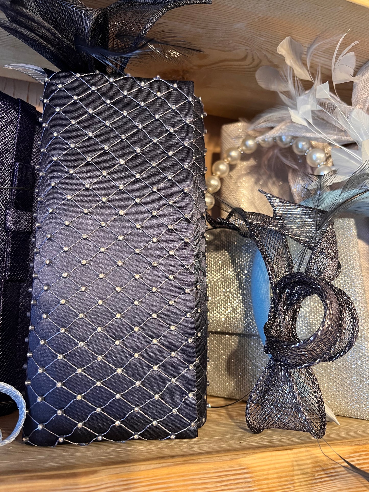 Navy & Silver clutch bag and matching fascinator
