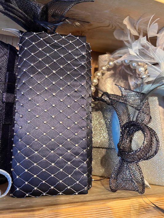 Navy & Silver clutch bag and matching fascinator